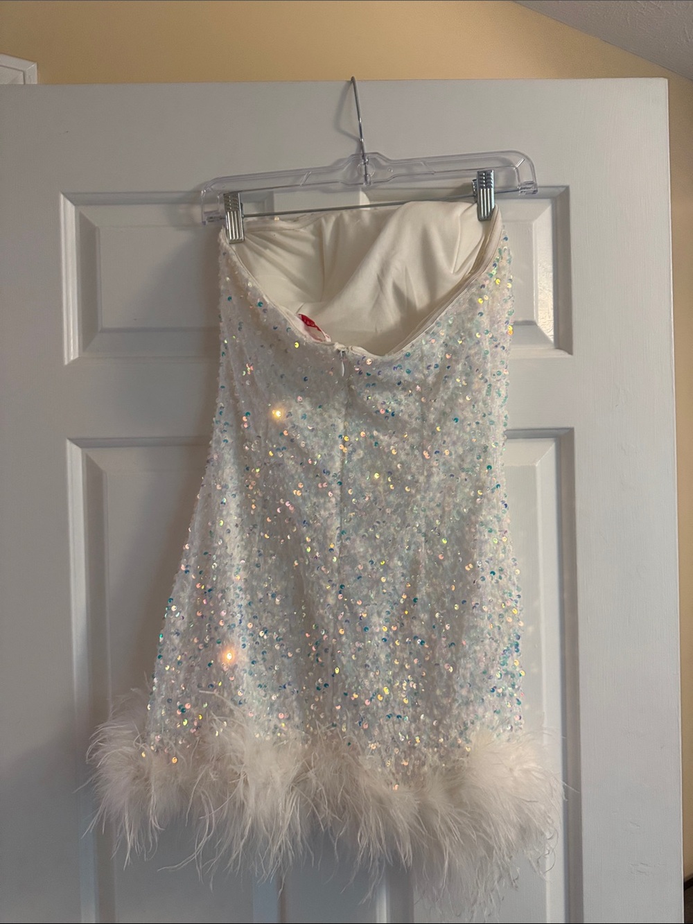 Sparkly White Mini Dress with Feathers - Picture 3 of 4